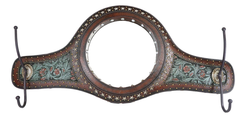 Western Turquoise Horse Saddle Wall Mirror W/ Towel Hooks In Faux Tooled Leather