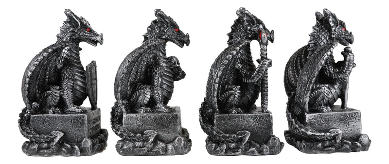 Ebros Medieval Inspirations Guardian Dragons W/ Shield Sword Staff And Skull Set of 4
