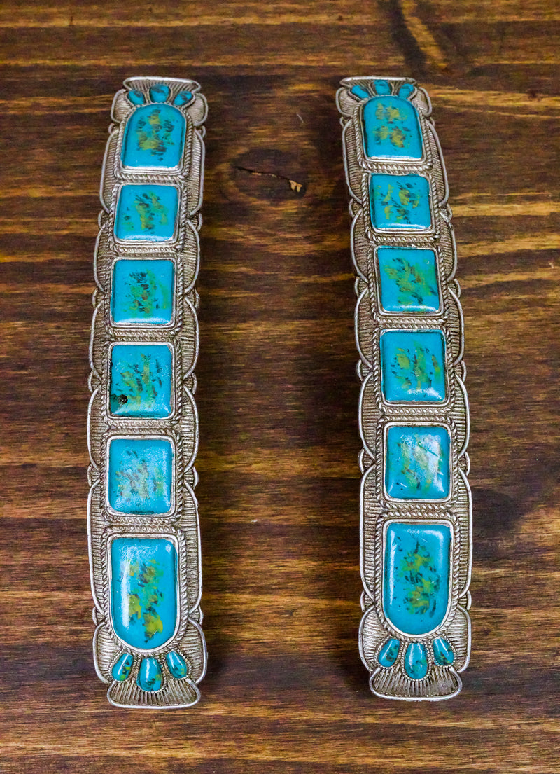 Set Of 2 Rustic Western Silver Turquoise Boho Drawer Cabinet Door Bar Pulls