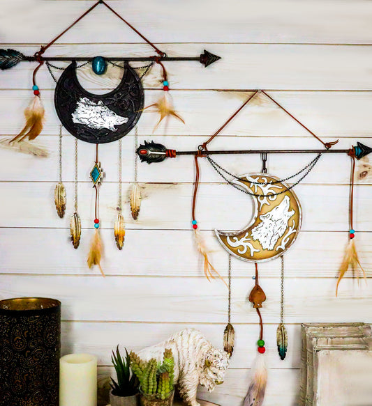 Pack Of 2 Southwestern Boho Chic Wolf Arrow Dreamcatcher Feathers Wall Decors