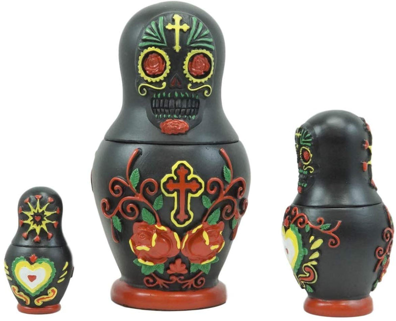 Ebros 3 Piece Set Black Sugar Skulls Nesting Dolls Matroyshka Babushka Figurines - Ebros Gift