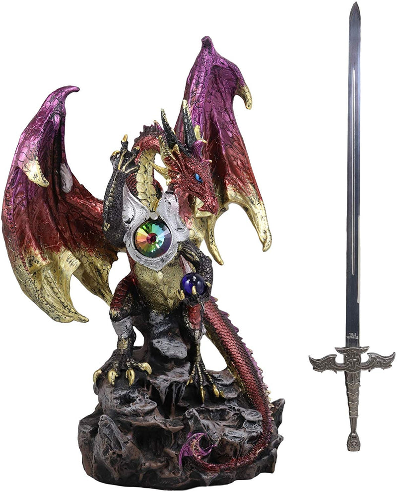 Ebros Gift Large Hyperion Red Ember Crystal Heart Armored Dragon Guardian of Orb and Excalibur Dagger Blade Sword Statue 12" Tall Medieval Dungeons and Dragons Fantasy Decorative Sculpture
