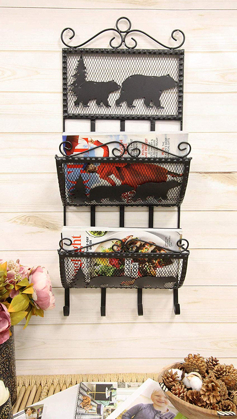 Ebros Rustic Metal Black Bears In Pine Tree Forest 2 Tier Mail Magazine Newspaper Wall Hanging Rack Holder Organizer With Coat Or Key Hooks 15.25" High Bear Family Western Cabin Lodge Country Mountain