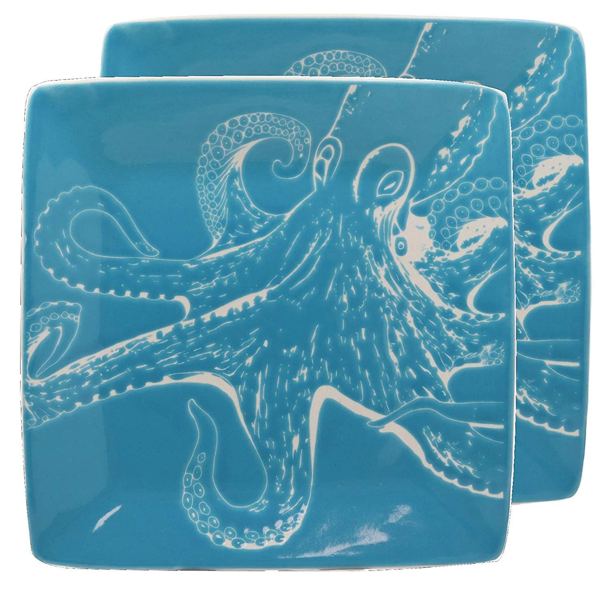 Ebros Nautical Sea Giant Octopus Blue Salad Dessert Plate Set of 2 Square 8.5"