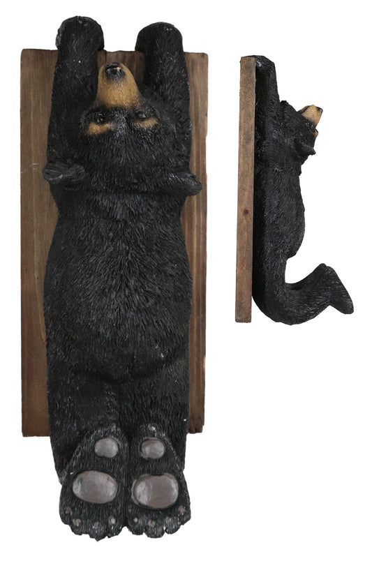 Whimsical Rustic Western Black Bear Clinging On Faux Wood Plank Wall Coat Hook - Ebros Gift