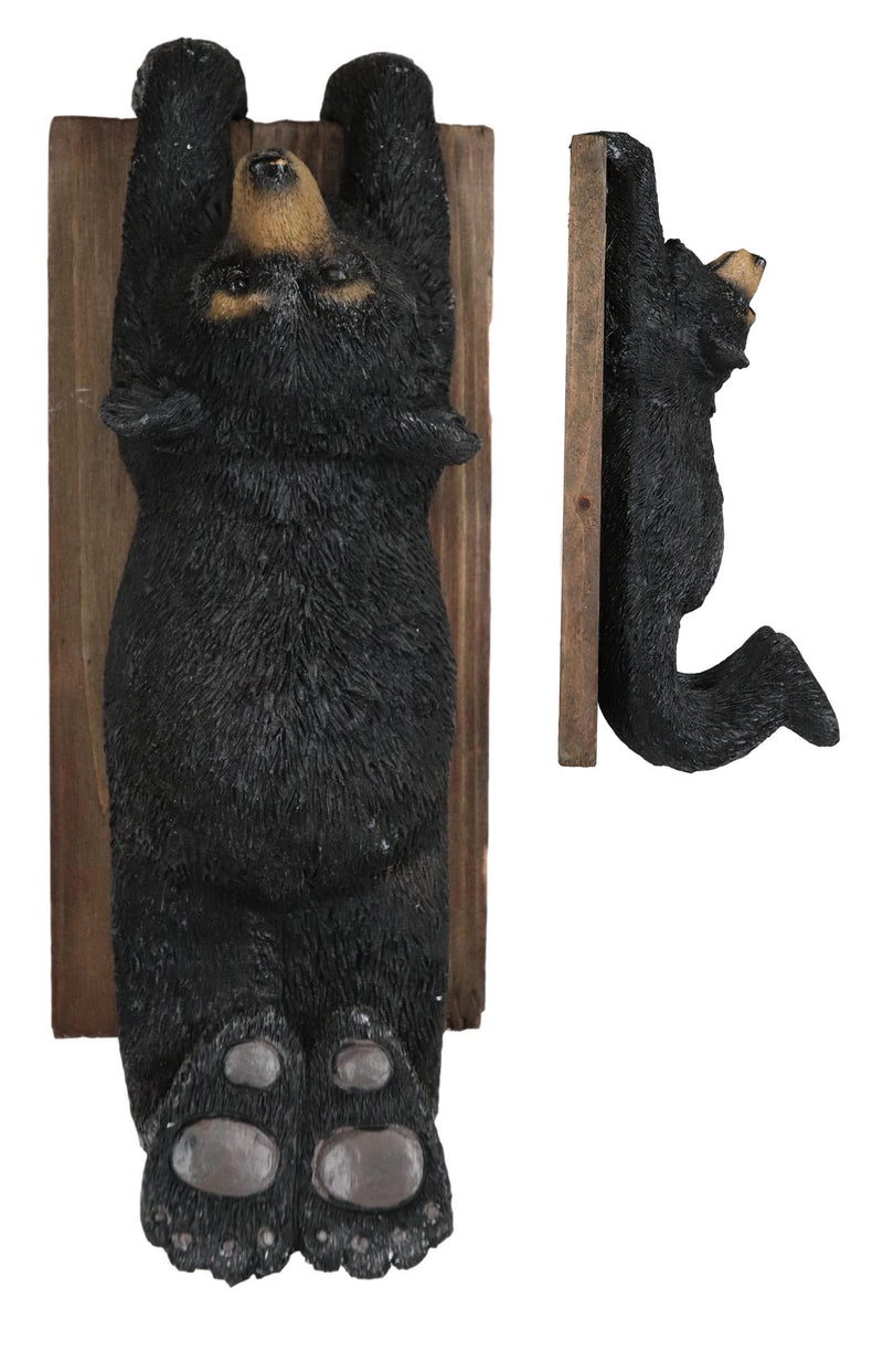 Set Of 2 Rustic Western Black Bear Clinging On Faux Wood Plank Wall Coat Hooks