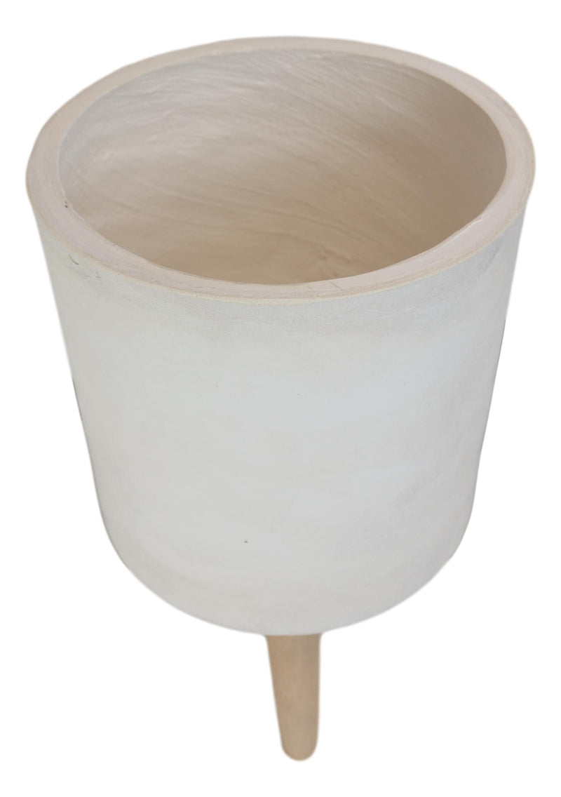 Set of 3 Contemporary White Fiber Clay Cylindrical Planter Pots With Wooden Feet