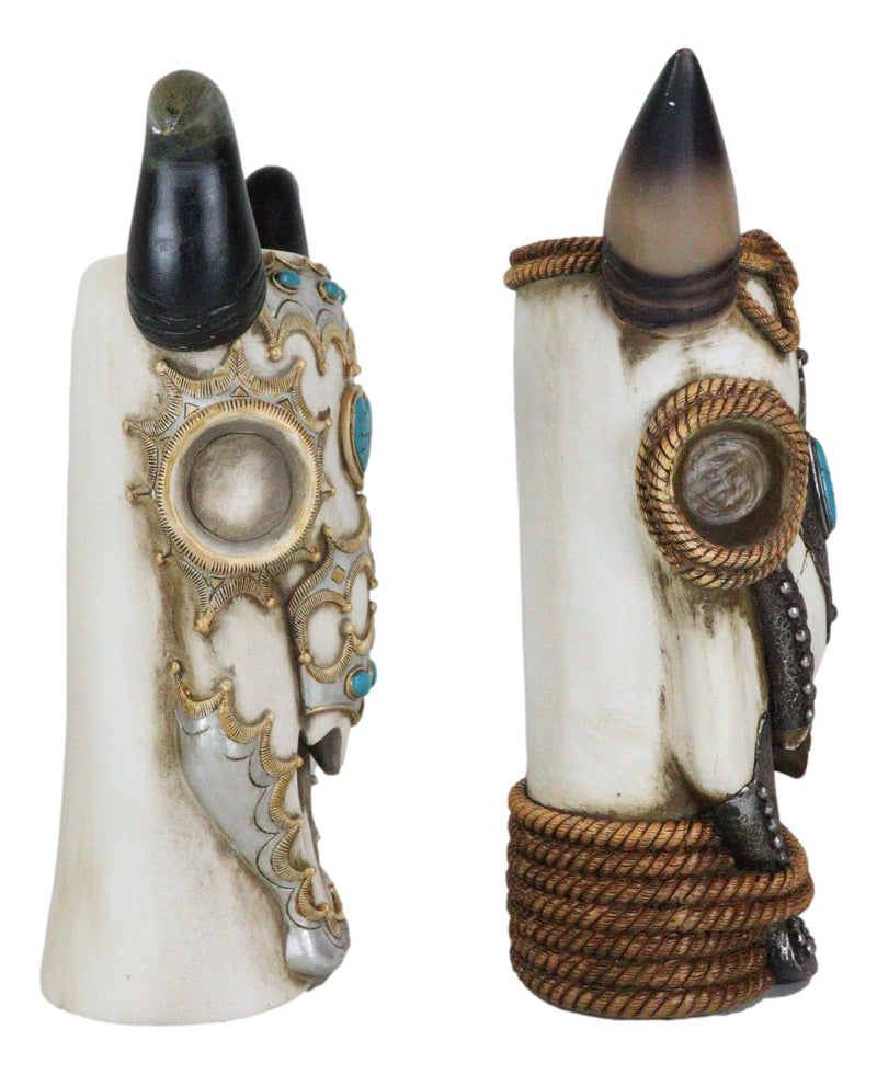 Set Of 2 Southwest Cow Skull With Turquoise Rocks And Braided Ropes Floral Vases