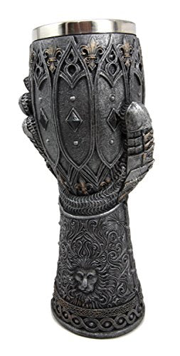 Ebros Gift Royal Fleur De Lis Braveheart Lion Gauntlet 8.75"H 8oz Wine Drink Goblet Chalice Cup