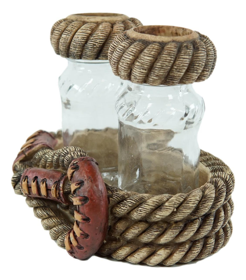 Rustic Western Cowboy Braided Lasso Ropes Salt And Pepper Shakers With Holder Set