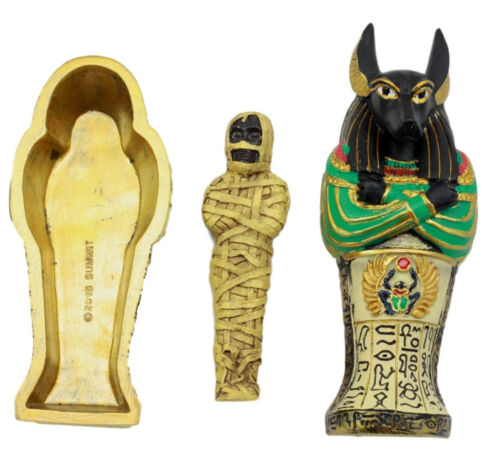 Ancient Egyptian God Anubis Sarcophagus Coffin With Mummy Figurine 5"H Decor Box