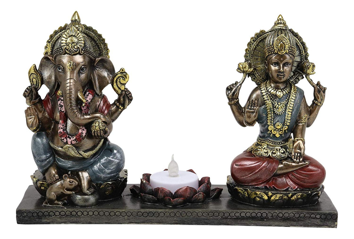 Lord Ganesha & Sri Krishna Seated With Lotus Flower Votive Candle Holder Statue