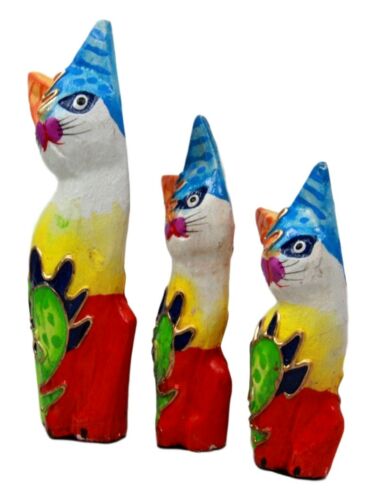 Ebros Balinese Wood Handicrafts Bright Colors Cat Family Set of 3 Figurines - Ebros Gift