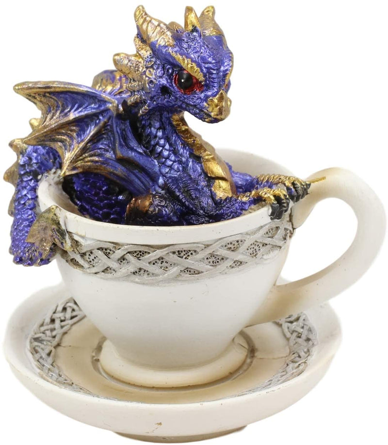Ebros Metallic Baby Wyrmling Dragons in Tea Cups with Saucers Figurine Set 4.5"H
