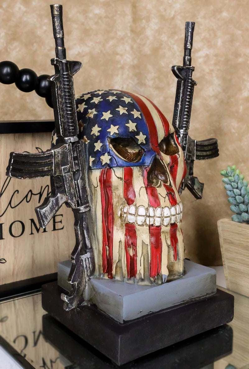Military American Flag Star Spangled Banner Skull With 2 Gun Rifles Figurine
