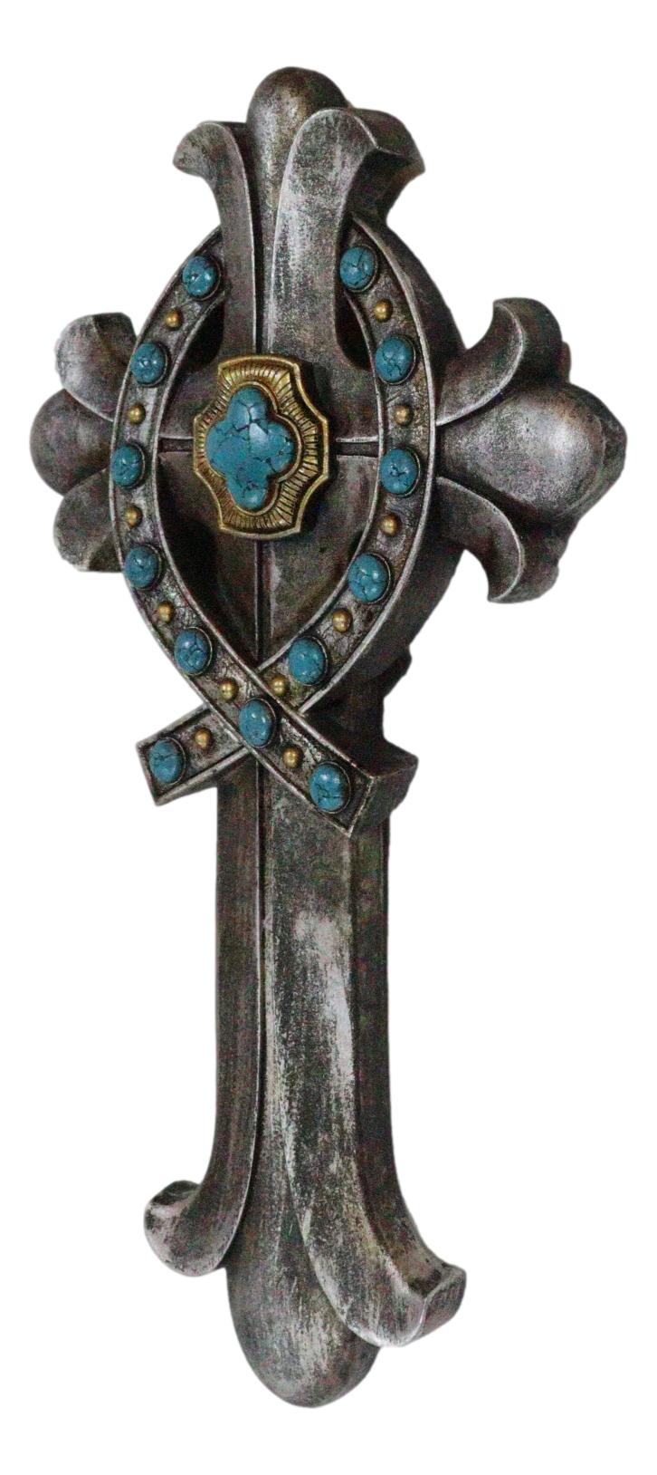 Rustic Silver Finish Fleur De Lis Greek Ichthys Christ Fish Turquoise Wall Cross
