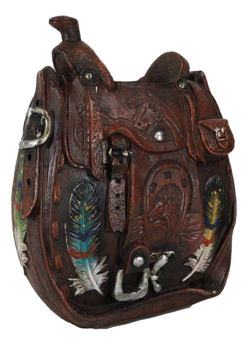 Rustic Western Cowboy Horse Saddle With Indian Feathers Flower Vase Or Planter