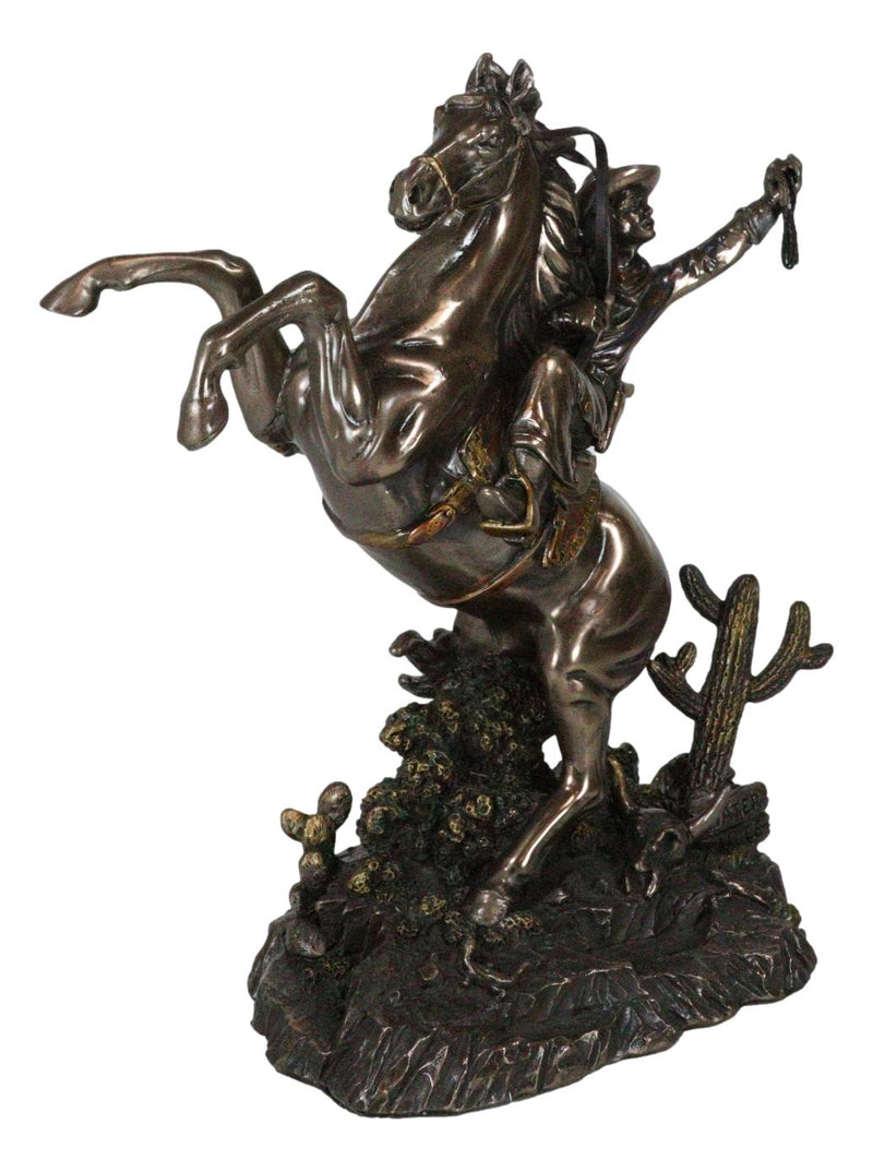 Rustic Western Desert Rodeo Cowboy On Rearing Horse With Lasso Ropes Figurine