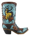 Turquoise Floral Scroll Lace W/ Rearing Horse Cowboy Boot Vase Planter Figurine