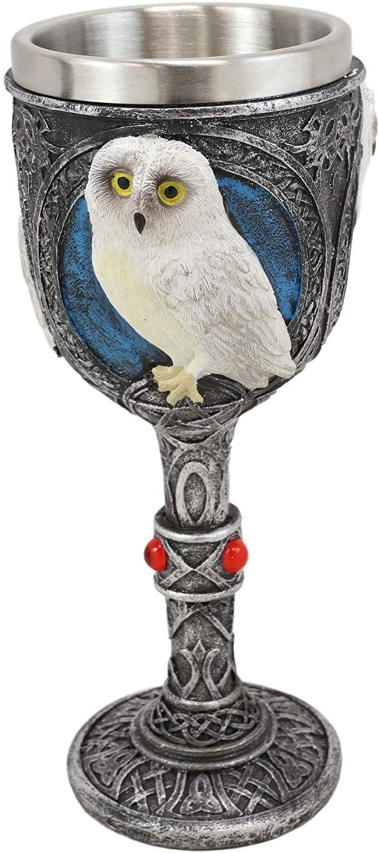 Ebros Dazed Snow White Owl With Celtic Tribal Tattoo Wine Goblet Chalice 7.25"H