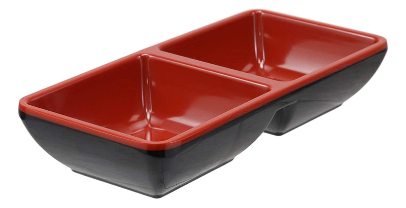 Ebros Red And Black Melamine Traditional Design Condiments Ketchup BBQ Soy Sauce Dipping Bowl or Dish With Divider 2 Partition Compartments Housewarming Gifts For Sushi Asian Dining Restaurant Supply