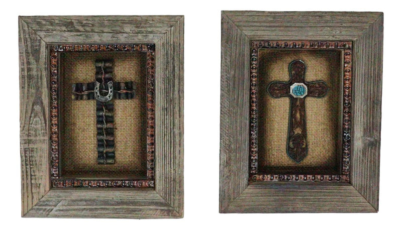 Pack of 2 Rustic Western Turquoise Gems Horseshoe Cross Wood Framed Wall Decors