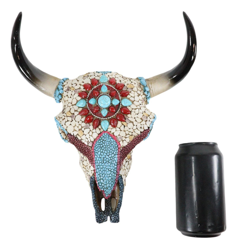 10.5"W Turquoise And Red Gems Mosaic Southwest Steer Cow Skull Wall Decor