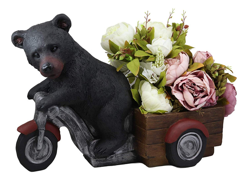 Ebros Gift Large Rustic Wildlife Black Bear Riding Tricycle Flowers Or Plants Planter Statue 20.5" Long