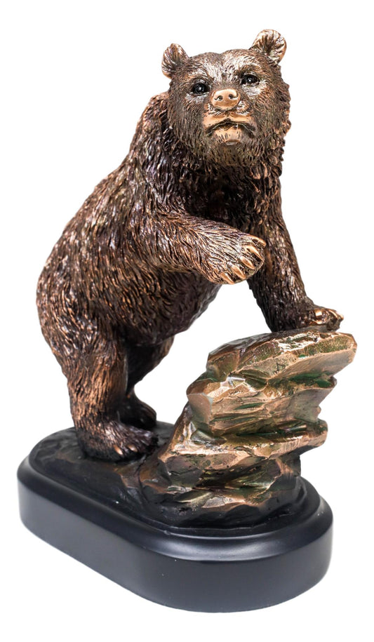 Grizzly Bear Climbing On River Rock Statue 6.25"Tall Bronze Electroplated Resin - Ebros Gift