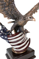 Flying Bald Eagle With American Flag Bronze Electroplated Figurine With Base