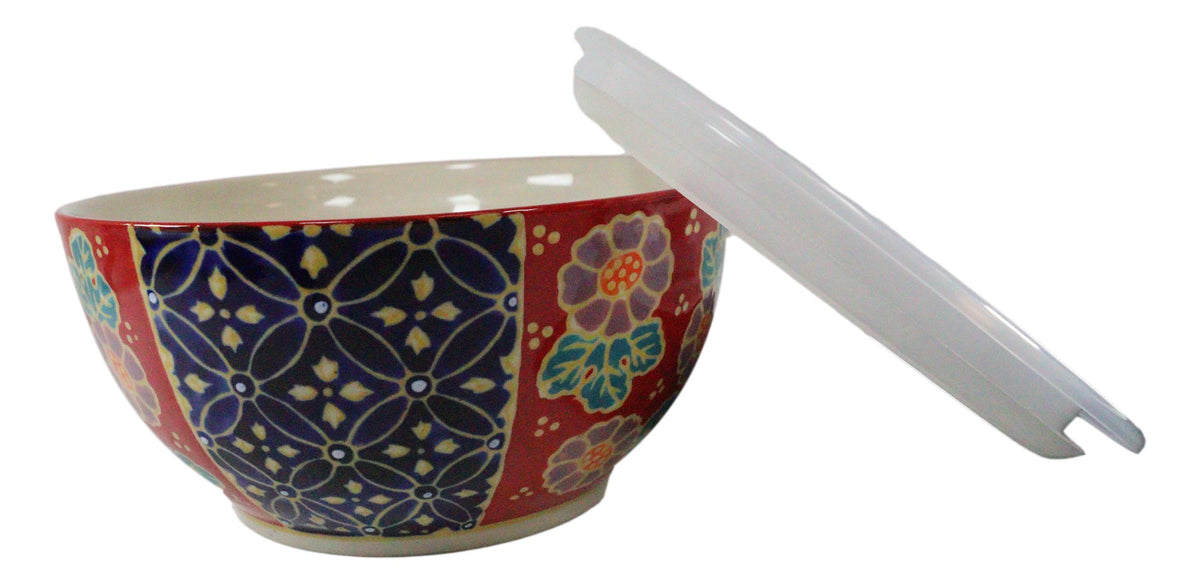 Set of 2 Ceramic Blue Red Floral Patterns Portion Meal Bowls 5 Cups Airtight Lid