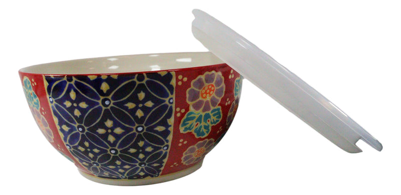 Set of 2 Ceramic Blue Red Floral Patterns Portion Meal Bowls 5 Cups Airtight Lid
