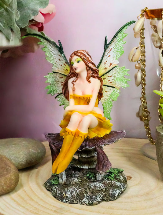 Amy Brown Summer Sunflower Fairy Sitting On Giant Toadstool Mushroom Figurine