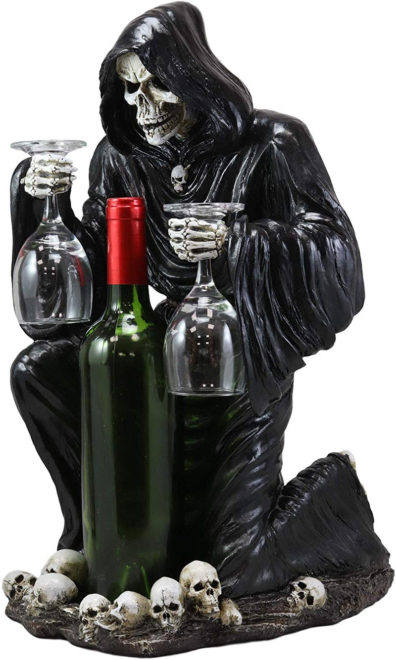Large Kneeling Grim Reaper Skeleton Wine Bottle & Glasses Valet Holder Statue