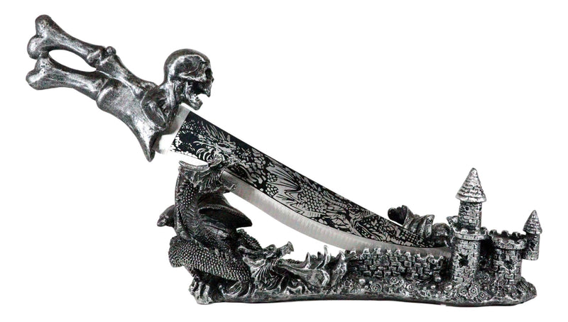 Fantasy Skull Bones Letter Opener Dagger With Gothic Dragon Castle Base Stand