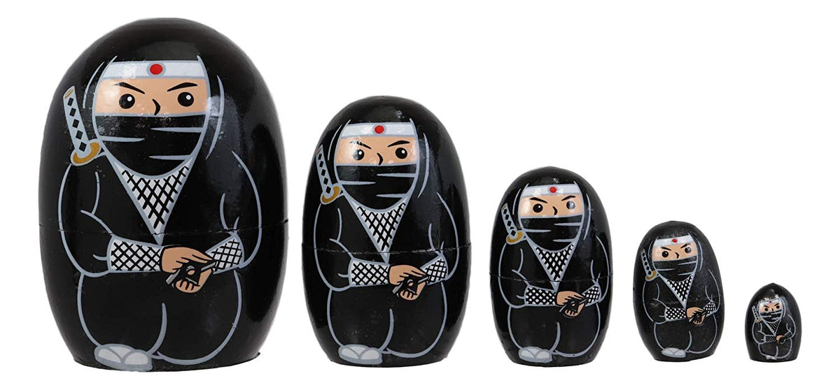Ebros Black Japanese Ninja Wooden Toy Stacking Nesting Dolls 5 Pieces Matryoshka