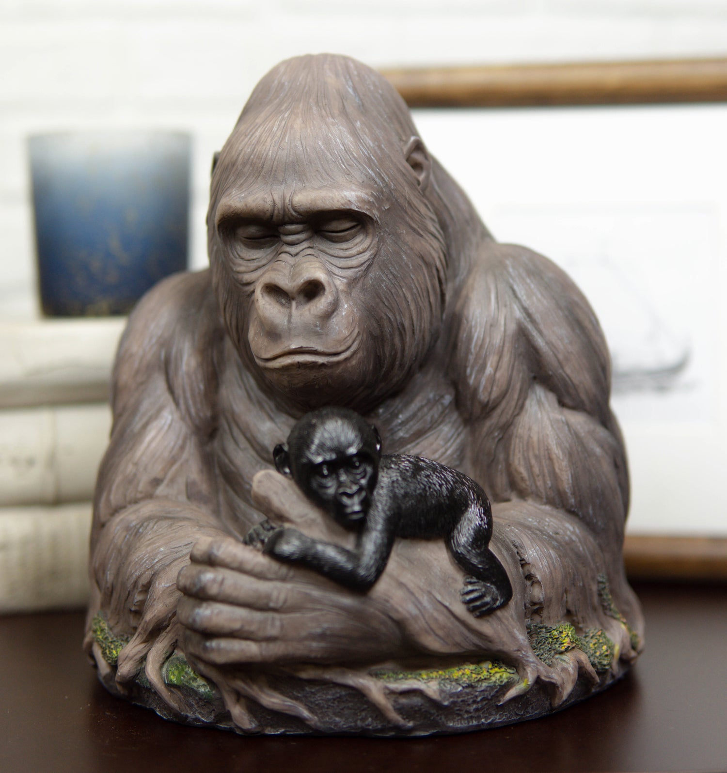 Tropical Rainforest Western Silverback Gorilla Cradling Baby Faux