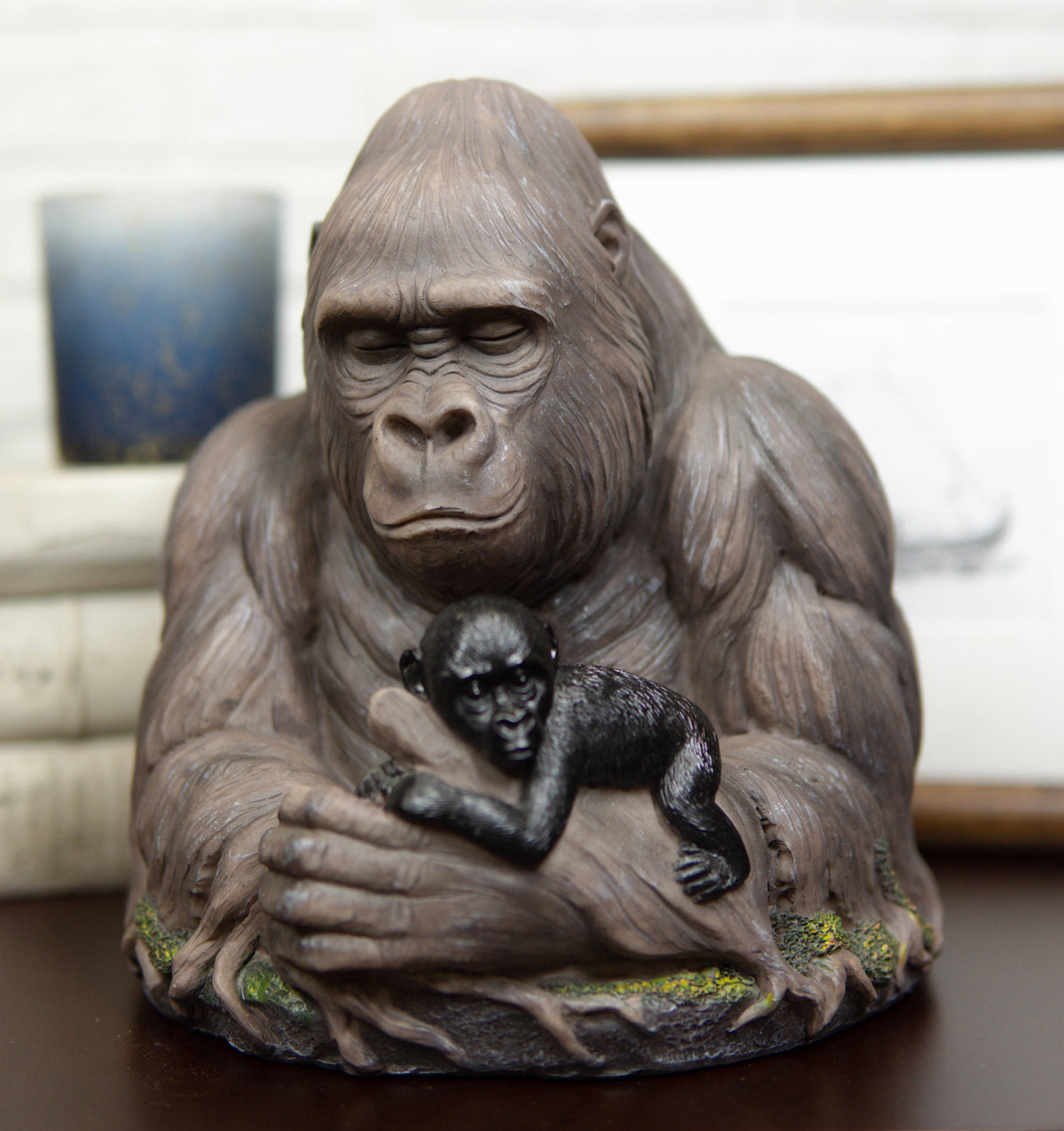 Tropical Rainforest Western Silverback Gorilla Cradling Baby Faux Wood Statue - Ebros Gift