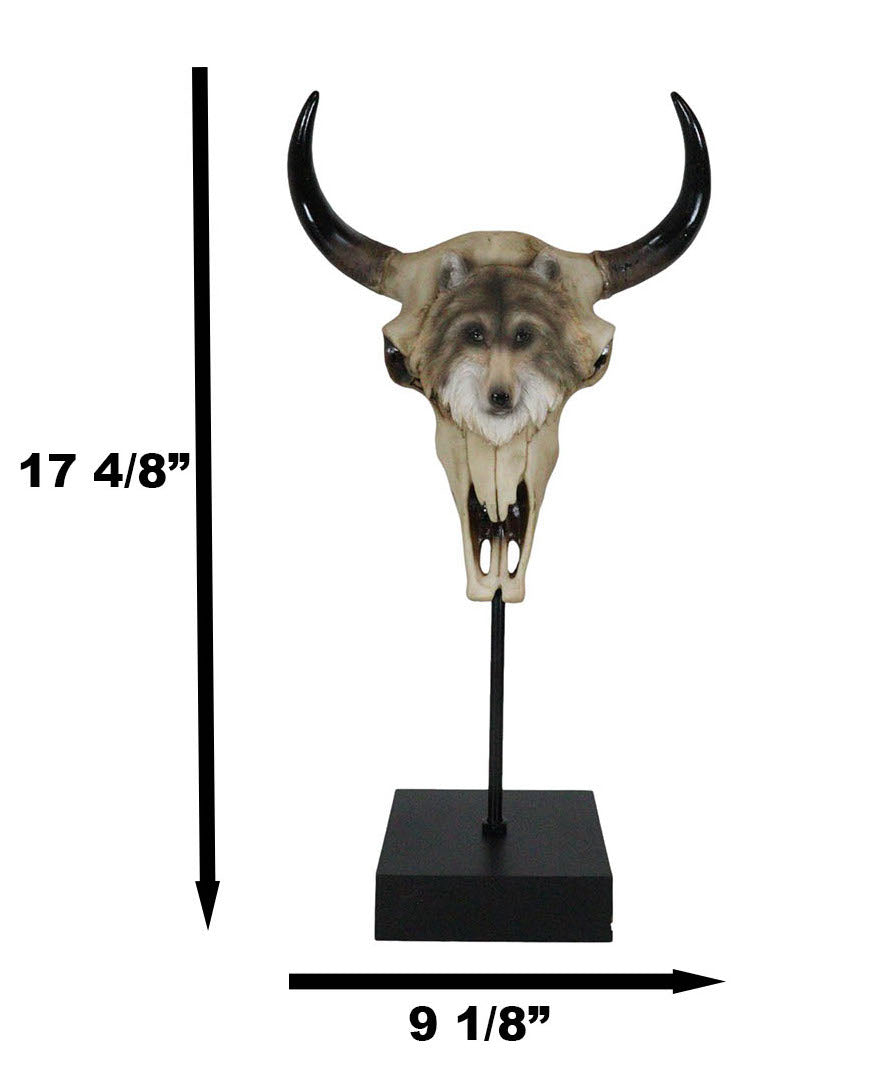Large Alpha Wolf Spirit Totem On Buffalo Bull Skull Stake Statue 17.5"Tall