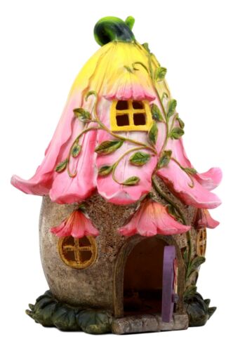 Mini Enchanted Fairy Garden Trumpet Lily Cottage Light Up House W/ Door Figurine - Ebros Gift
