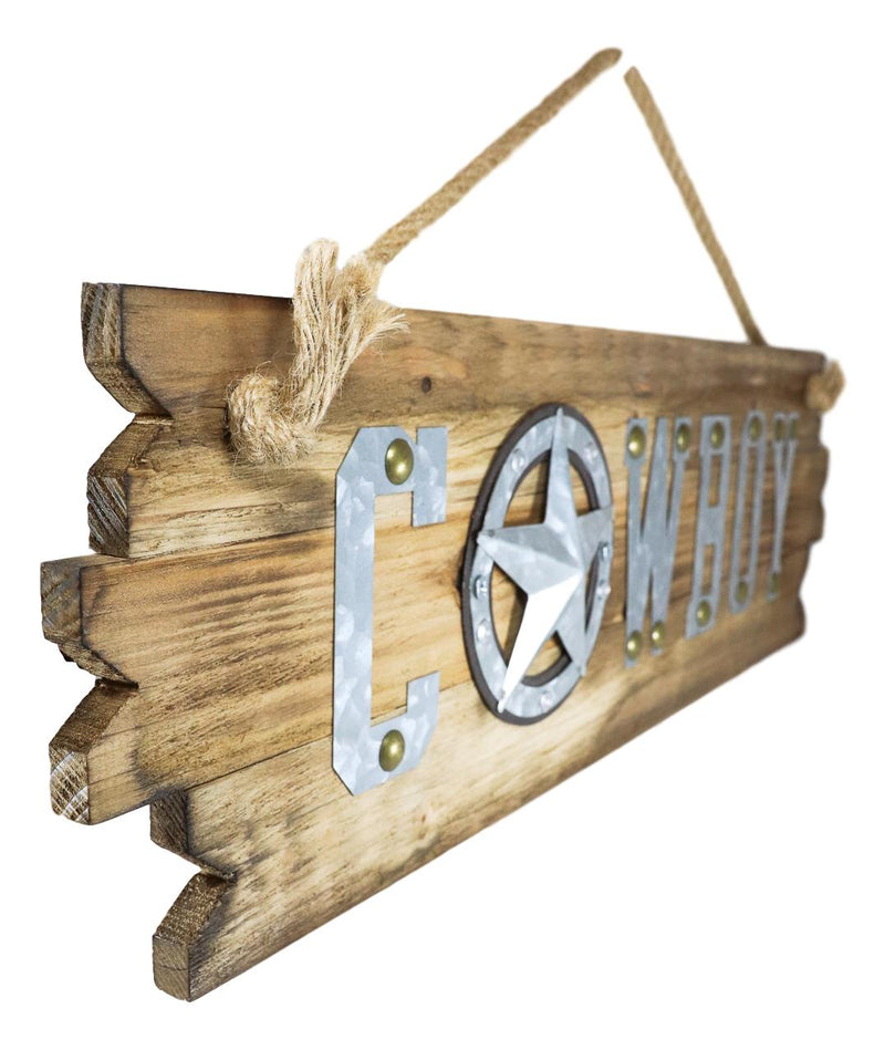 25"L Rustic Metal Western Star Cowboy Sign On Wooden Plank Wall Or Door Plaque