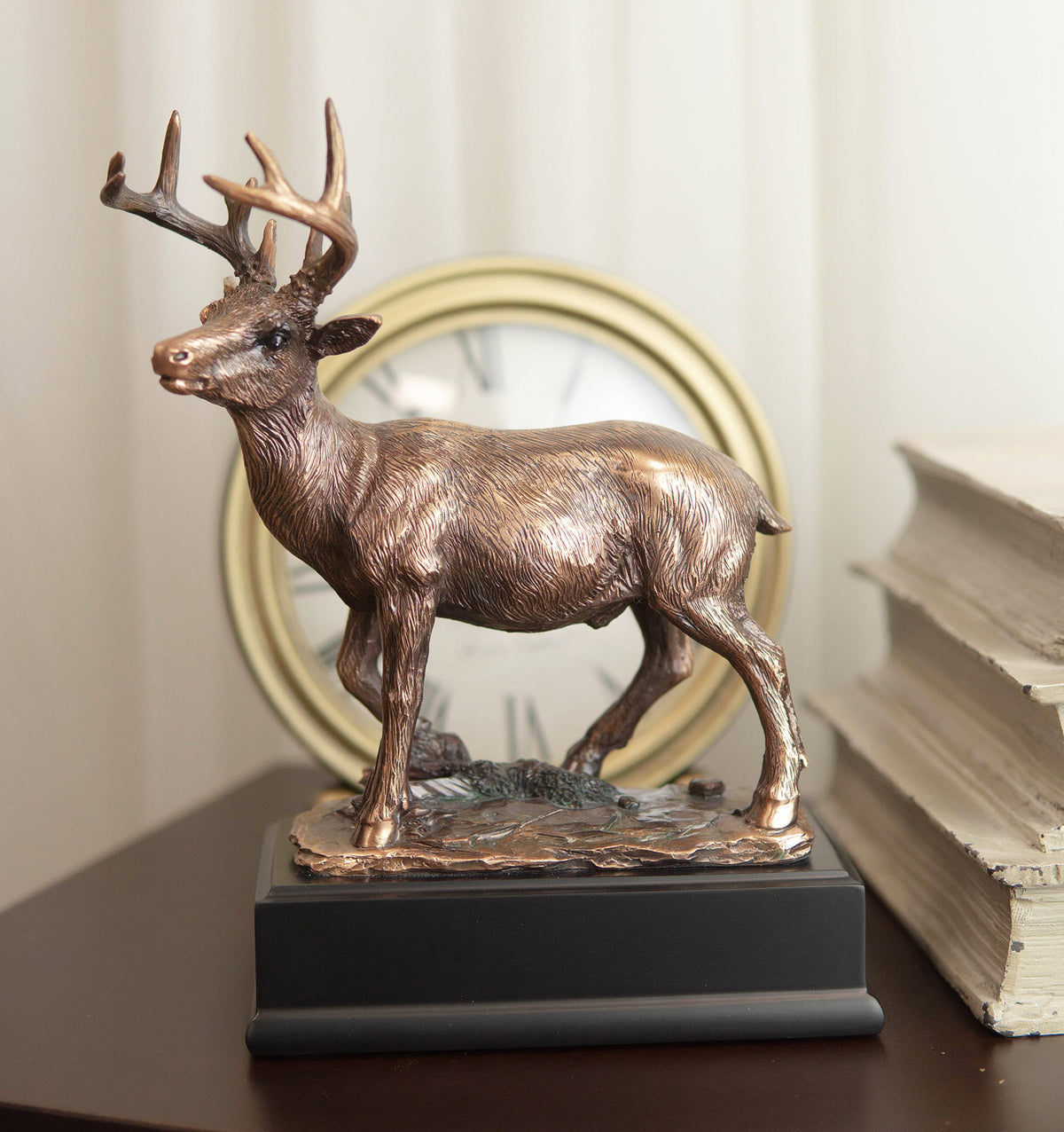 Ebros Rustic 12 Point Buck Stag Deer Bronze Patinated Resin Statue W/ Trophy Base - Ebros Gift
