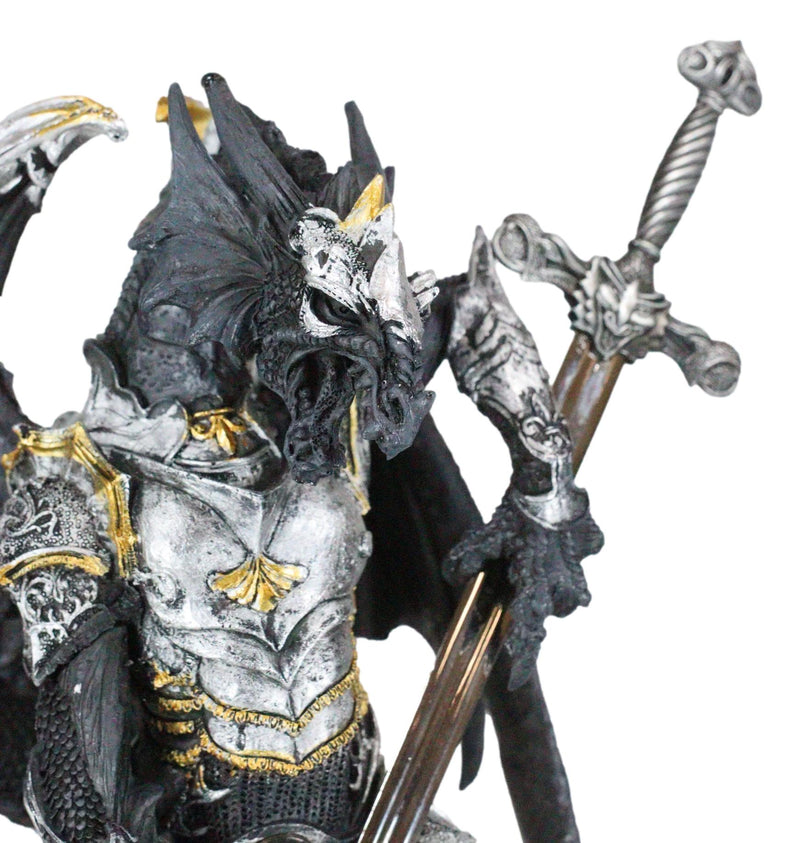 Faux Stone Silver Armored Dragon Holding Excalibur Dagger Blade Sword Statue