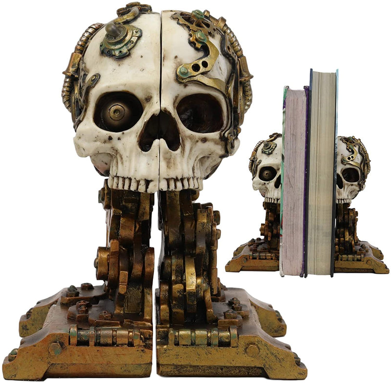 Cyborg Robotic Gearwork Facility Steampunk Skull Bookends Set Figurine Statue