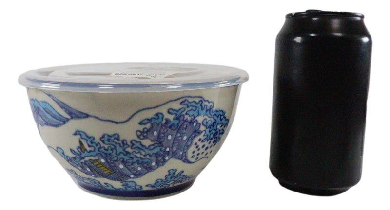 Ebros Set of 2 Ceramic Blue Hokusai Great Wave Portion Meal Bowls 3 Cups Airtight Lid