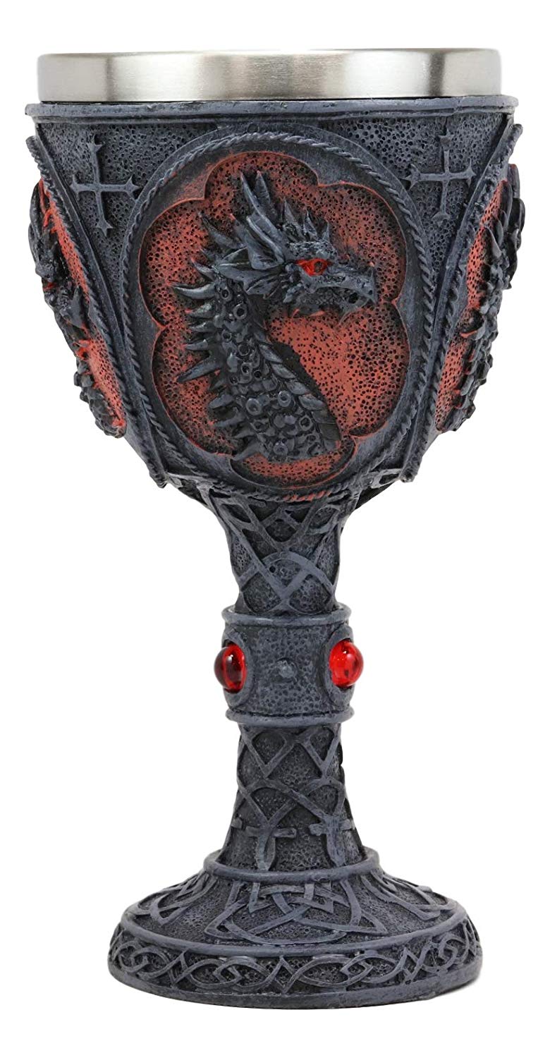 Ebros Celtic Knotwork Tattoo Dragon Wine Drink Chalice Figurine 8oz W/ Red Gems
