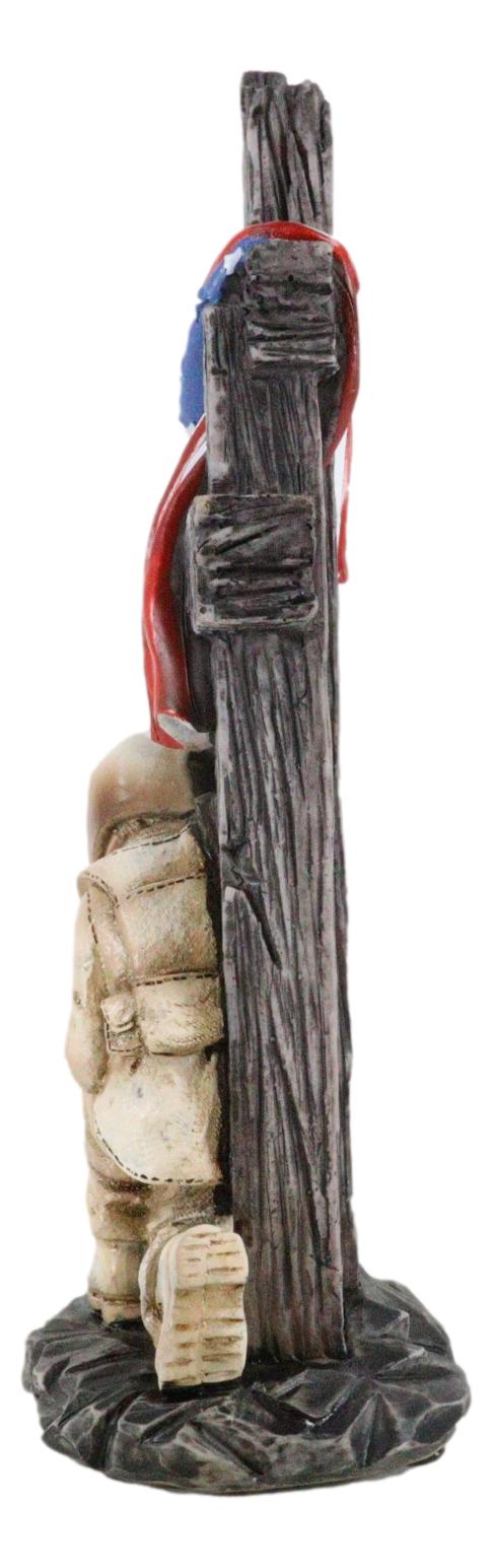 Kneeling Soldier In Prayer By 3 Rugged Crosses American Flag Memorial Figurine - Ebros Gift