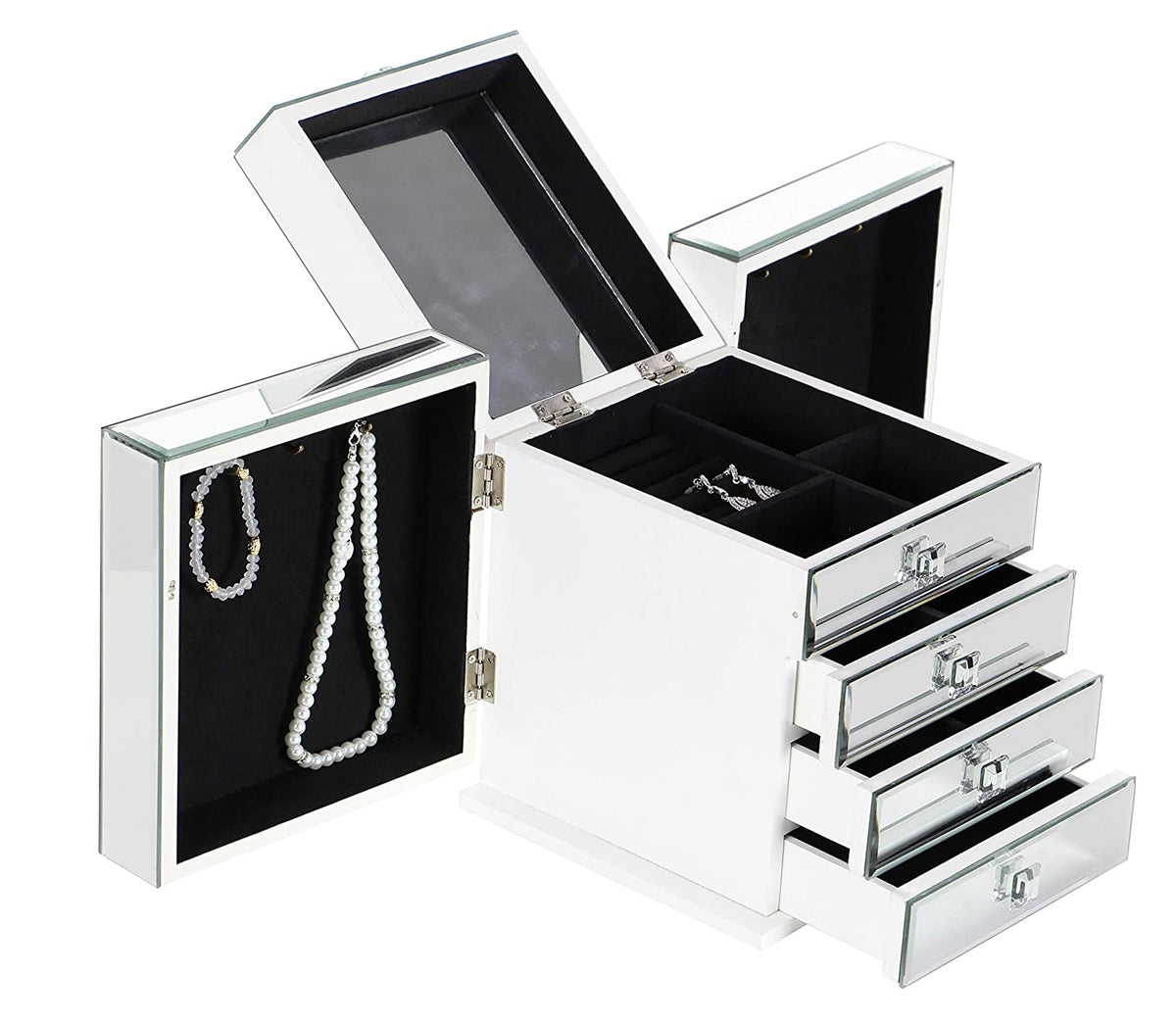 Contemporary Wooden Mirrored Glass Multiple Compartments Drawers Jewelry Box
