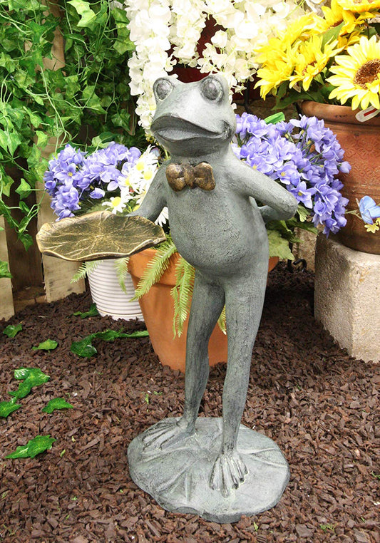 Ebros Gift 20" Tall Aluminum Rustic Whimsical Green Frog with Bow Tie Waiter Butler Garden Side Tray Table Or Bird Feeder Statue Decorative Frogs and Toads Zen Feng Shui Accent Decor - Ebros Gift