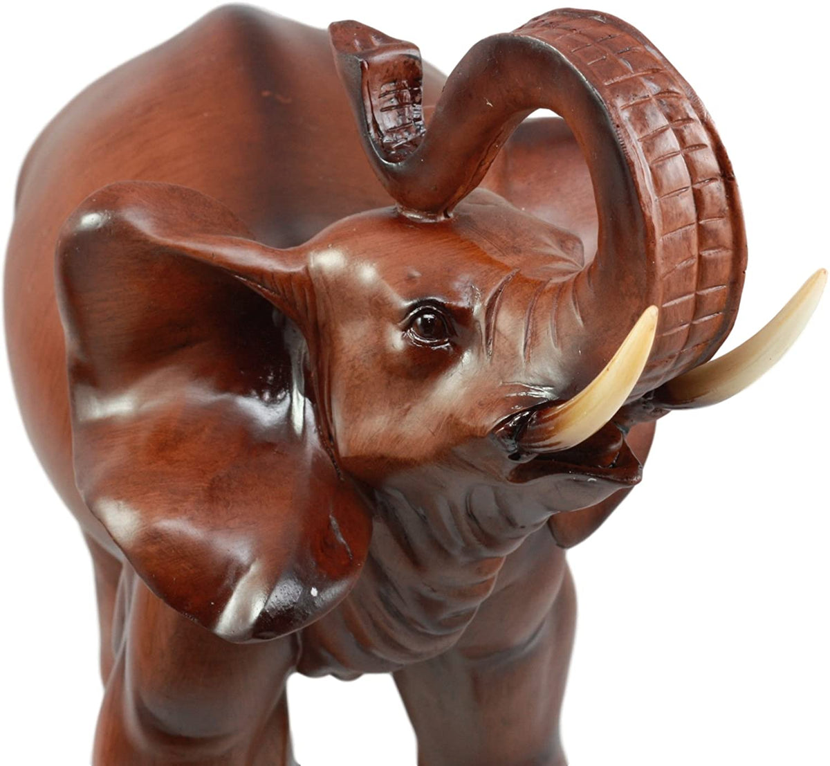 Ebros Faux Mahogany Wood Thai Buddha Elephant With Trunk Up Statue 14.25"Long - Ebros Gift